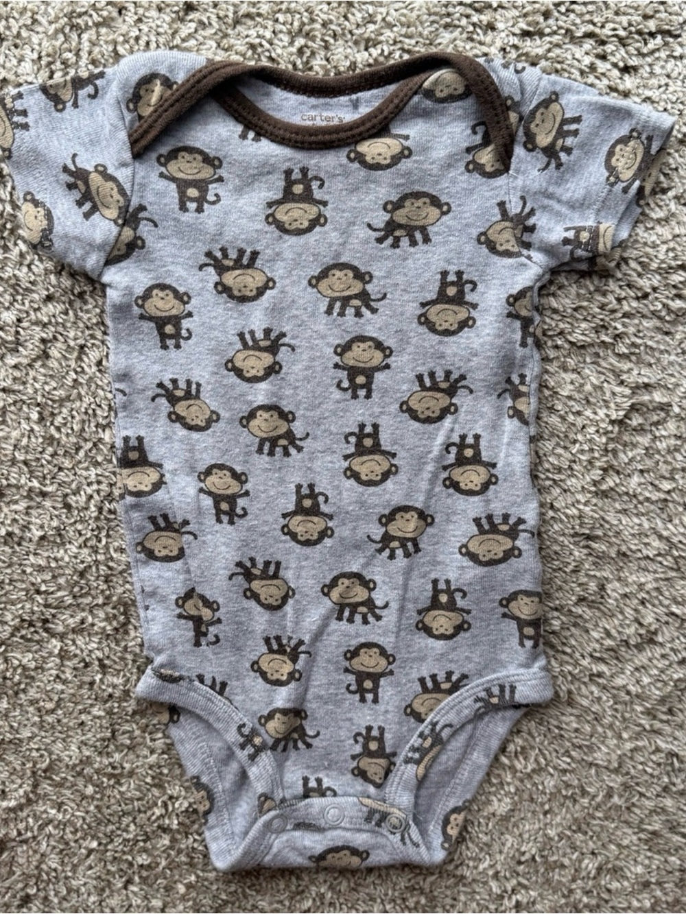 Carter’s Baby Bodysuit Gray Monkey Print Short Sleeve Onesie 6 Months Cotton